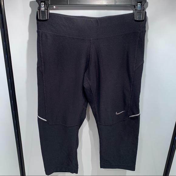 Nike Dri-Fit Womens XS Running Capri Black Drawstring Reflective Stripe - Picture 1 of 9